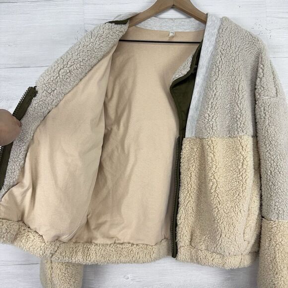 Free People Movement Jacket Women S Sherpa Fleece Full Zip Oversized Cream Green - Picture 9 of 16